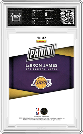 LeBron James from the 2023 Panini The National VIP set featuring a Red parallel graded by Arena Club and given an overall grade of 9.5.