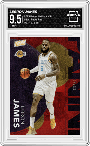 LeBron James from the 2023 Panini The National VIP set featuring a Red parallel graded by Arena Club and given an overall grade of 9.5.