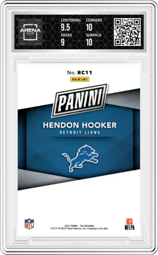 Hendon Hooker from the 2023 Panini The National VIP set featuring a Blue parallel graded by Arena Club and given an overall grade of 9.5.