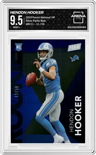 Hendon Hooker from the 2023 Panini The National VIP set featuring a Blue parallel graded by Arena Club and given an overall grade of 9.5.