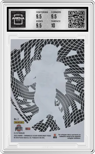 C.J. Stroud from the 2023 Panini Chronicles Draft Picks set graded by Arena Club and given an overall grade of 10.