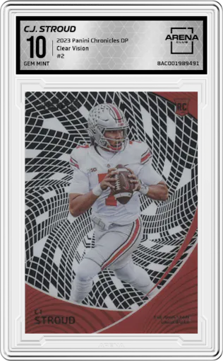 C.J. Stroud from the 2023 Panini Chronicles Draft Picks set graded by Arena Club and given an overall grade of 10.