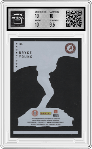 Bryce Young from the 2023 Panini Chronicles Draft Picks set graded by Arena Club and given an overall grade of 10.