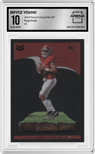 Bryce Young from the 2023 Panini Chronicles Draft Picks set graded by Arena Club and given an overall grade of 10.
