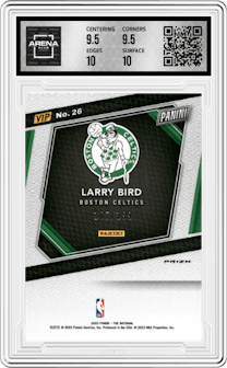 Larry Bird from the 2023 Panini The National VIP set featuring a Red Sparkle parallel graded by Arena Club and given an overall grade of 10.