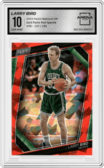Larry Bird from the 2023 Panini The National VIP set featuring a Red Sparkle parallel graded by Arena Club and given an overall grade of 10.