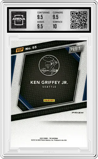 Ken Griffey Jr. from the 2023 Panini The National VIP set featuring a Prizm parallel graded by Arena Club and given an overall grade of 10.