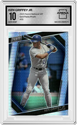 Ken Griffey Jr. from the 2023 Panini The National VIP set featuring a Prizm parallel graded by Arena Club and given an overall grade of 10.