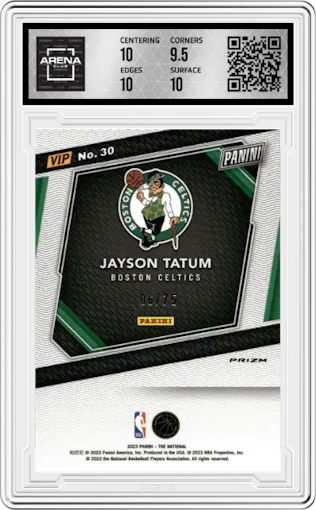 Jayson Tatum from the 2023 Panini The National VIP set featuring a Pink Sparkle parallel graded by Arena Club and given an overall grade of 10.