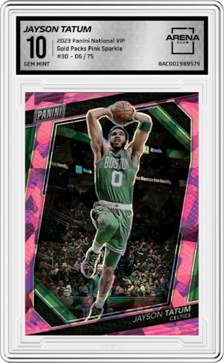 Jayson Tatum from the 2023 Panini The National VIP set featuring a Pink Sparkle parallel graded by Arena Club and given an overall grade of 10.