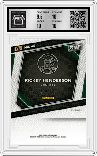 Rickey Henderson from the 2023 Panini The National VIP set featuring a Blue Sparkle parallel graded by Arena Club and given an overall grade of 10.