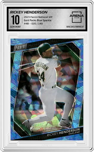 Rickey Henderson from the 2023 Panini The National VIP set featuring a Blue Sparkle parallel graded by Arena Club and given an overall grade of 10.