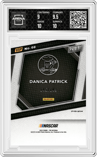 Danica Patrick from the 2023 Panini The National VIP set featuring a Blue Sparkle parallel graded by Arena Club and given an overall grade of 9.5.