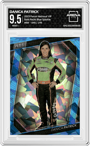 Danica Patrick from the 2023 Panini The National VIP set featuring a Blue Sparkle parallel graded by Arena Club and given an overall grade of 9.5.