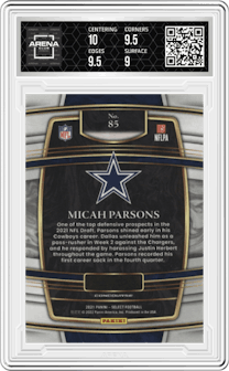 Micah Parsons from the 2021 Panini Select set graded by Arena Club and given an overall grade of 9.5.