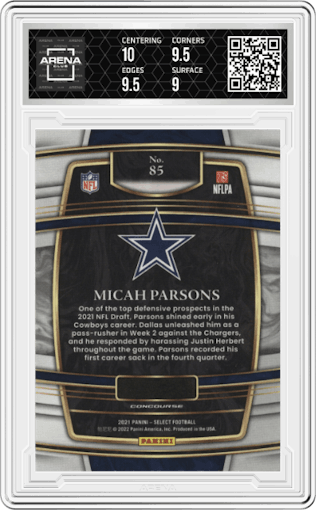 Micah Parsons from the 2021 Panini Select set graded by Arena Club and given an overall grade of 9.5.