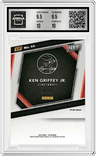 Ken Griffey Jr. from the 2023 Panini The National VIP set featuring a Red/White/Blue parallel graded by Arena Club and given an overall grade of 10.