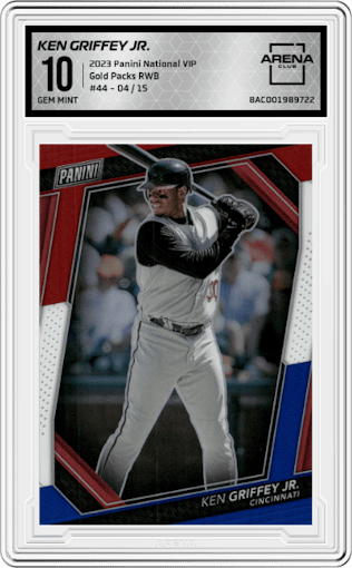 Ken Griffey Jr. from the 2023 Panini The National VIP set featuring a Red/White/Blue parallel graded by Arena Club and given an overall grade of 10.