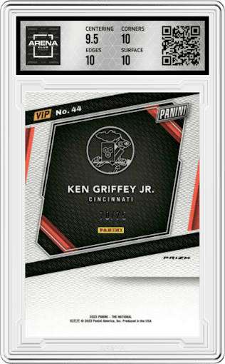 Ken Griffey Jr. from the 2023 Panini The National VIP set featuring a Pink Sparkle parallel graded by Arena Club and given an overall grade of 10.