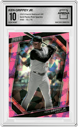 Ken Griffey Jr. from the 2023 Panini The National VIP set featuring a Pink Sparkle parallel graded by Arena Club and given an overall grade of 10.