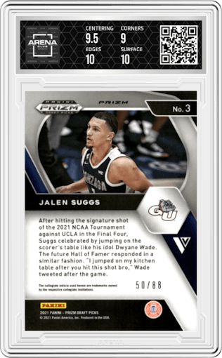 Jalen Suggs from the 2021-22 Panini Prizm Draft Picks set featuring a Choice Red parallel graded by Arena Club and given an overall grade of 9.5.