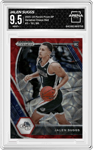 Jalen Suggs from the 2021-22 Panini Prizm Draft Picks set featuring a Choice Red parallel graded by Arena Club and given an overall grade of 9.5.