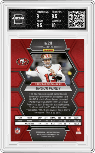 Brock Purdy from the 2023 Panini Mosaic set featuring a Pink Camo parallel graded by Arena Club and given an overall grade of 9.5.