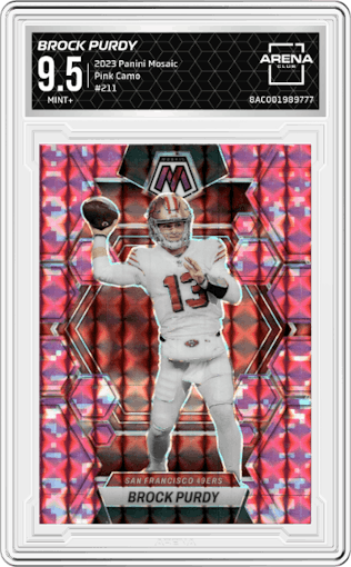 Brock Purdy from the 2023 Panini Mosaic set featuring a Pink Camo parallel graded by Arena Club and given an overall grade of 9.5.