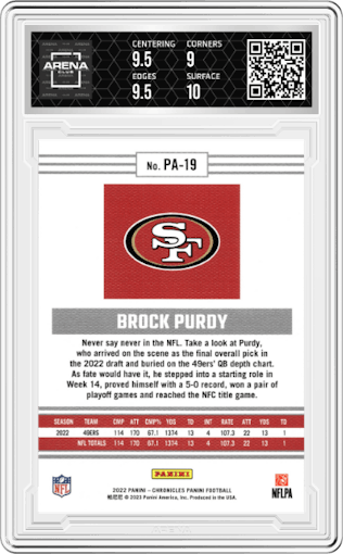 Brock Purdy from the 2022 Panini Chronicles set featuring a Pink parallel graded by Arena Club and given an overall grade of 9.5.