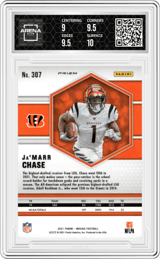 Ja'Marr Chase from the 2021 Panini Mosaic set featuring a Green Mosaic parallel graded by Arena Club and given an overall grade of 9.5.