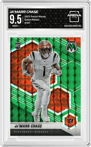 Ja'Marr Chase from the 2021 Panini Mosaic set featuring a Green Mosaic parallel graded by Arena Club and given an overall grade of 9.5.