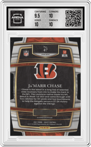 Ja'Marr Chase from the 2021 Panini Select set featuring a Die-Cut Green/Yellow parallel graded by Arena Club and given an overall grade of 10.