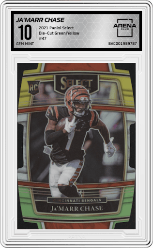 Ja'Marr Chase from the 2021 Panini Select set featuring a Die-Cut Green/Yellow parallel graded by Arena Club and given an overall grade of 10.