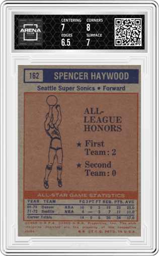 Spencer Haywood from the 1972-73 Topps Basketball set graded by Arena Club and given an overall grade of 7.