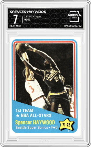 Spencer Haywood from the 1972-73 Topps Basketball set graded by Arena Club and given an overall grade of 7.