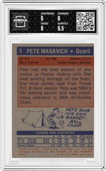 Pete Maravich from the 1972-73 Topps Basketball set graded by Arena Club and given an overall grade of 6.5.