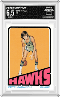 Pete Maravich from the 1972-73 Topps Basketball set graded by Arena Club and given an overall grade of 6.5.