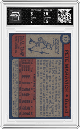 Pete Maravich from the 1974-75 Topps set graded by Arena Club and given an overall grade of 4.