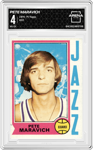Pete Maravich from the 1974-75 Topps set graded by Arena Club and given an overall grade of 4.