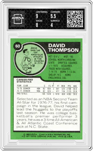 David Thompson from the 1977-78 Topps set graded by Arena Club and given an overall grade of 4.5.