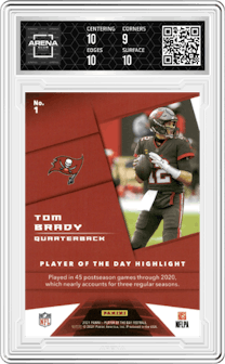 Tom Brady from the 2021 Panini NFL Player of the Day set featuring a Silver parallel graded by Arena Club and given an overall grade of 9.5.