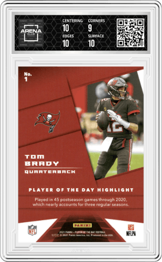 Tom Brady from the 2021 Panini NFL Player of the Day set featuring a Silver parallel graded by Arena Club and given an overall grade of 9.5.