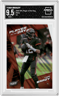 Tom Brady from the 2021 Panini NFL Player of the Day set featuring a Silver parallel graded by Arena Club and given an overall grade of 9.5.