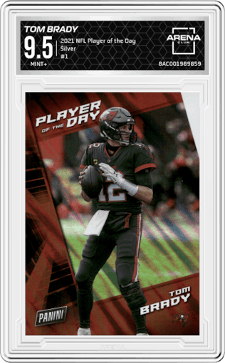 Tom Brady from the 2021 Panini NFL Player of the Day set featuring a Silver parallel graded by Arena Club and given an overall grade of 9.5.