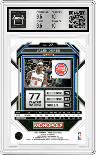 Jalen Duren from the 2022-23 Panini Prizm Monopoly set graded by Arena Club and given an overall grade of 10.