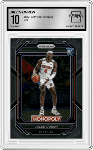 Jalen Duren from the 2022-23 Panini Prizm Monopoly set graded by Arena Club and given an overall grade of 10.