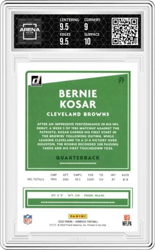 Bernie Kosar from the 2020 Panini Donruss set graded by Arena Club and given an overall grade of 9.5.