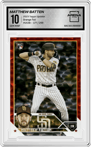 Matthew Batten from the 2023 Topps Update set featuring a Orange Foil  parallel graded by Arena Club and given an overall grade of 10.