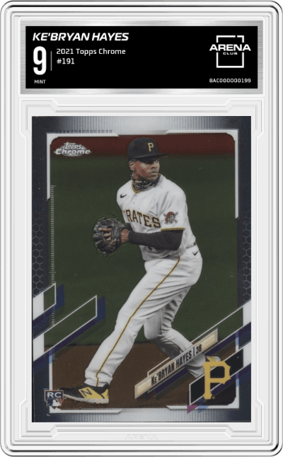 Ke'Bryan Hayes from the 2021 Topps Chrome set graded by Arena Club and given an overall grade of 9.