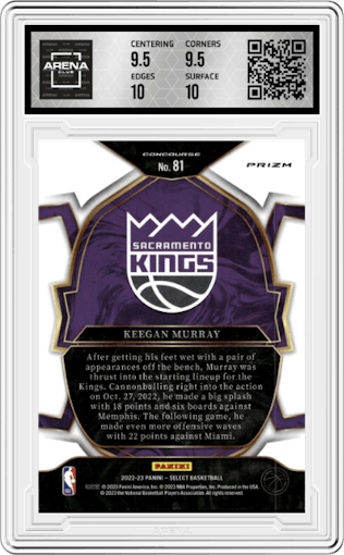 Keegan Murray from the 2022-23 Panini Select set featuring a Green/White/Purple Prizm parallel graded by Arena Club and given an overall grade of 10.